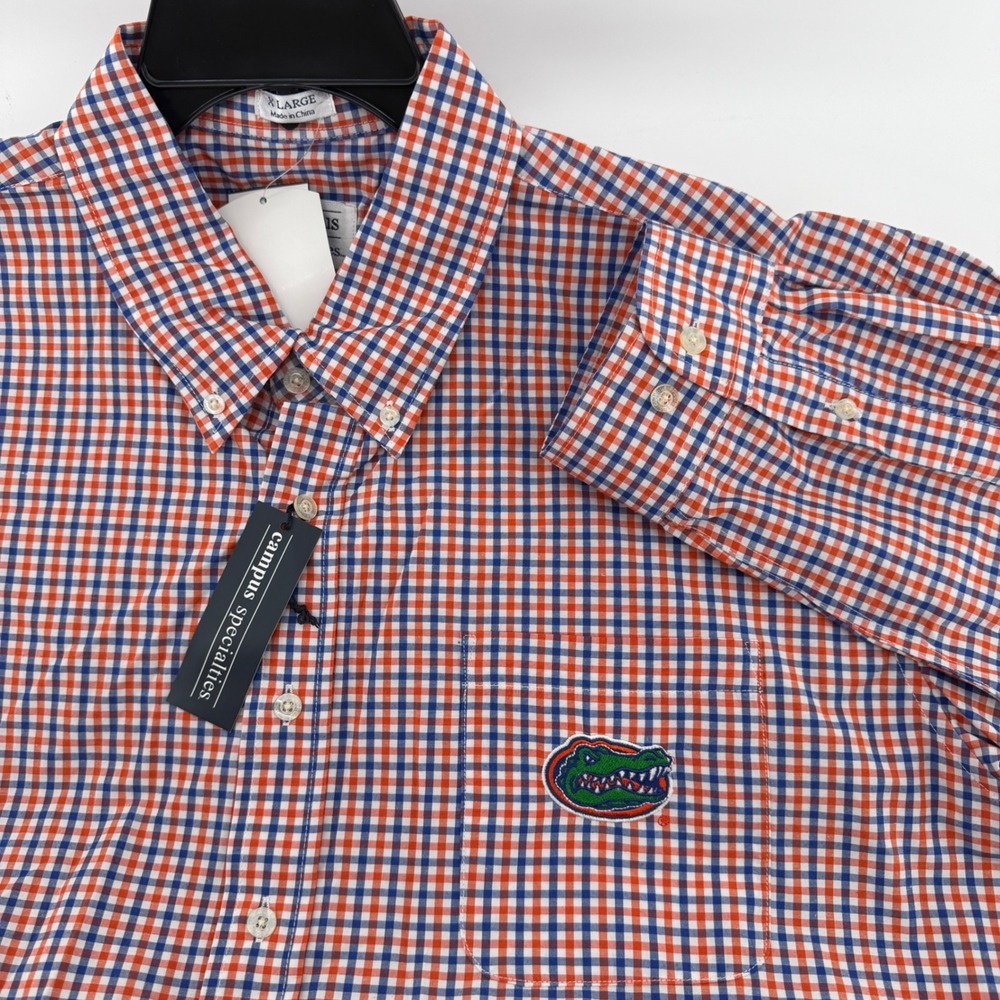 Campus Specialties Florida Gators Mens XL Gingham Button Down Shirt Orange Blue